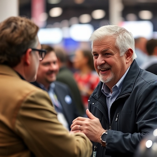 A close-up of a dealer speaking with a buyer, perhaps shaking hands or discussing a vehicle.